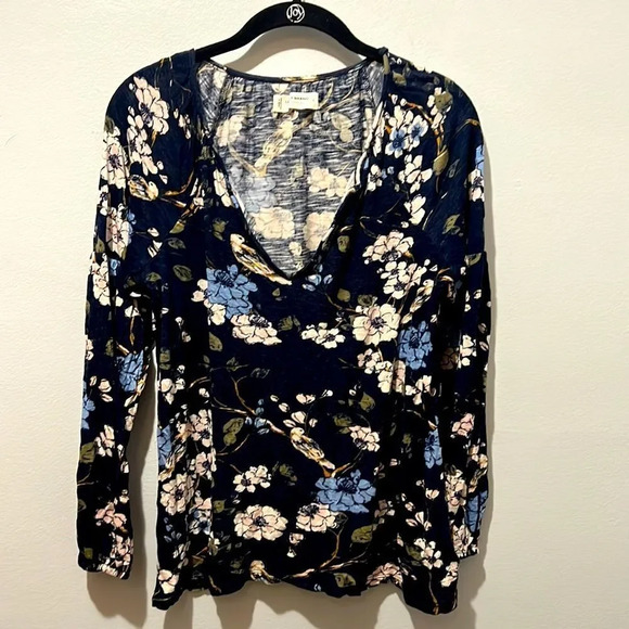 Lucky Brand Puff Sleeve Split Neck Floral Print Peasant Navy Blue Top S - Picture 2 of 6